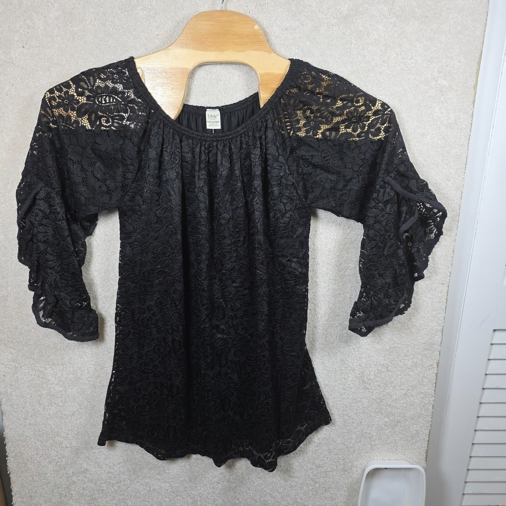 Lildy Tunic Top Womens L-XL Black Floral Full Lace 3/4 Ruffle Sleeve Stretch NWT